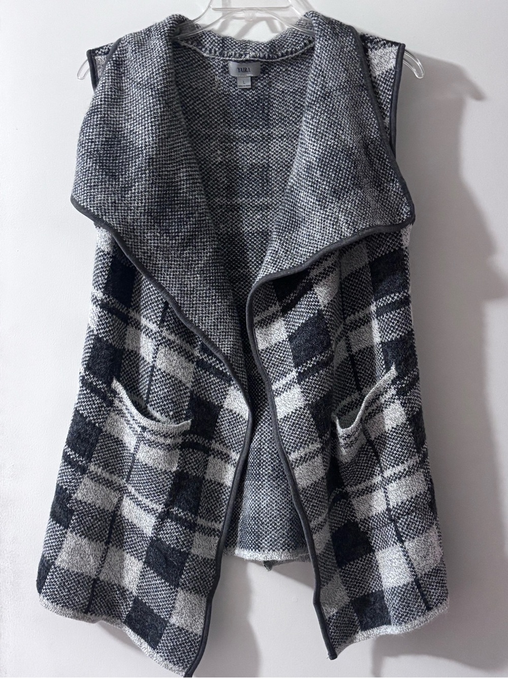 Yaira Black White Plaid Knit Cascading Open Front Vest with Pockets Size L